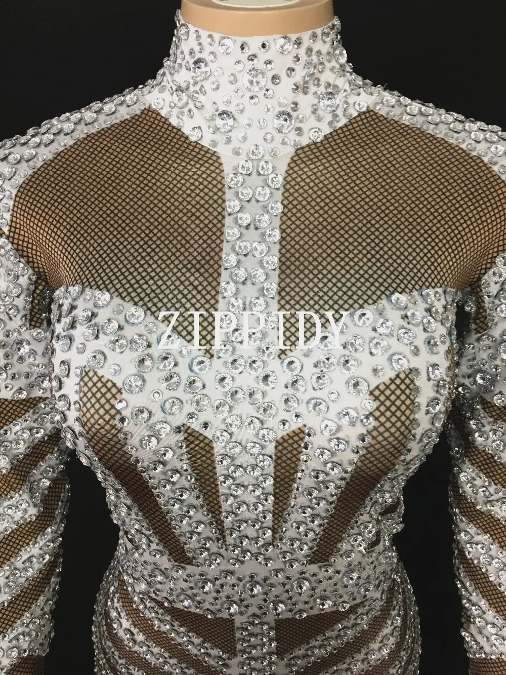 

2020 Shining Silver Rhinestones White Dress Women's Birthday Prom Celebrate Long Sleeves Dress Evening Dance Stretch Costume