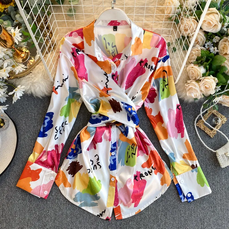 

Women's Casual Shirt Temperament Show Thin Irregular Tie Dyed Shirt Tide Tops Full Chiffon Turn-down Collar Long Aesthetic