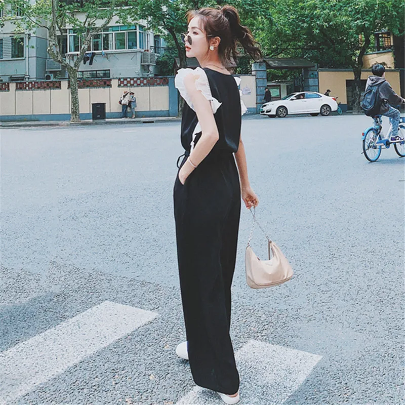 

Women Fashion Splice Elegant Black Wide Leg Jumpsuit 2021 Summer V-neck Flying Sleeve Drawstring One Piece Pants Sets Overalls