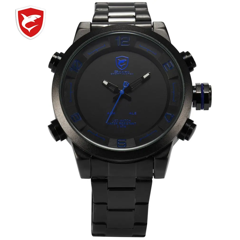 

Men's Gulper SHARK Sport Watch Japan Movement Steel Band Blue LED Light Date Alarm Digital Waterproof Quartz Watches Gift /SH362