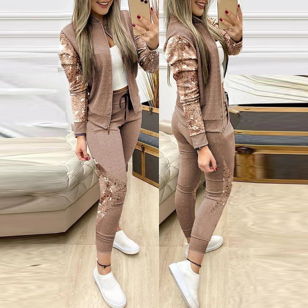 

Women's Sport Suits Sequins Zipper Design Jacket Drawstring Pants Set Tracksuits 2 Piece Sets