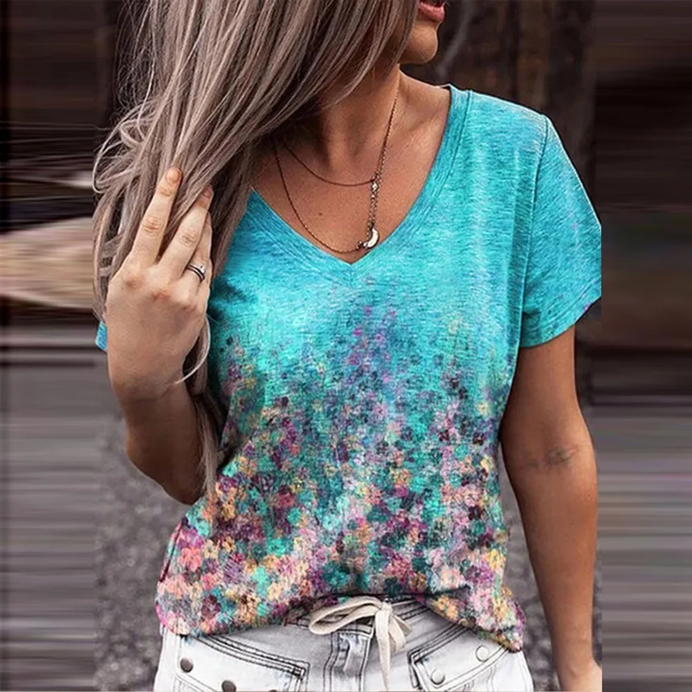 

Tie Dye 3D Floral Print Women T Shirts Casual Short Sleeve Loose Plus Size Tops Fashion Street Ladies V-Neck Summer Tee 2021 New