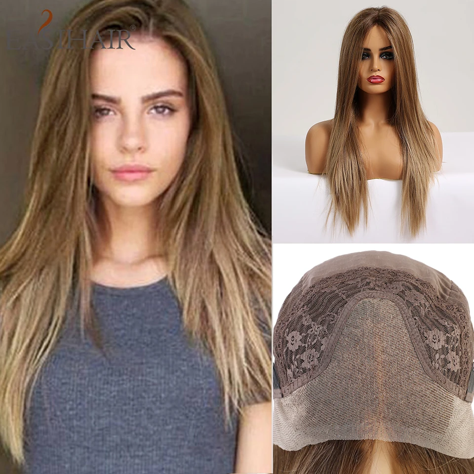 EASIHAIR Long Silky Straight Brown Blonde 13*4 Lace Front Wig with Baby Hair High Density Heat Resistant Synthetic Wigs