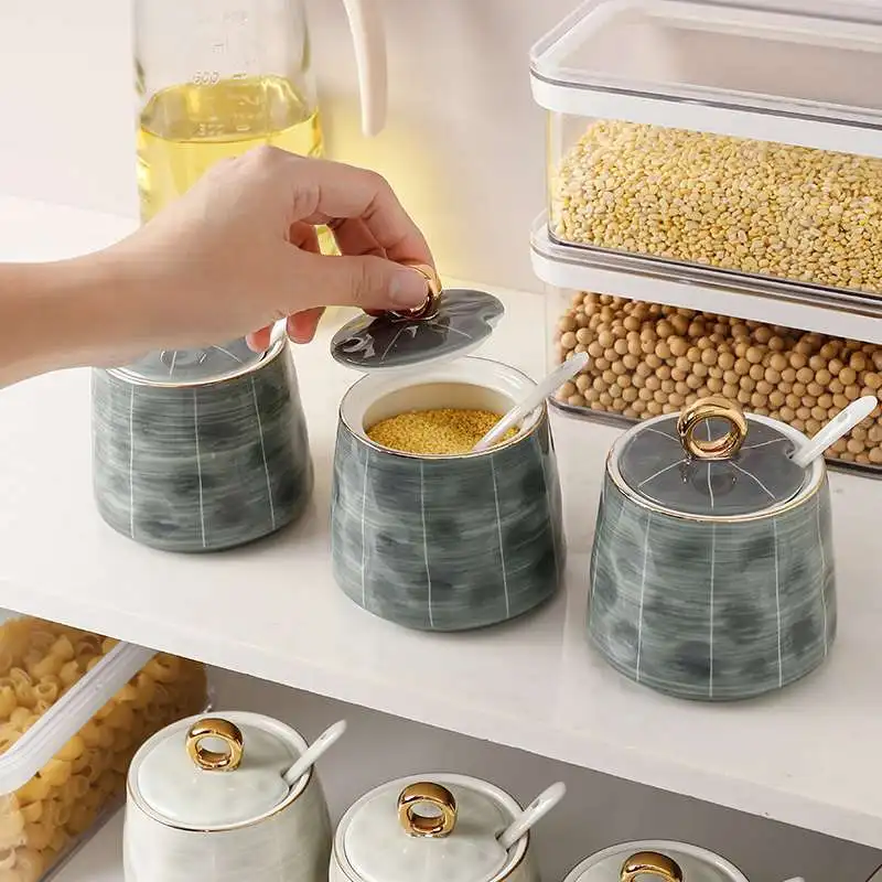 

Light Luxury Seasoning Pot Ceramic Household Sugar Bowl Salt Pot Net Red Kitchen Seasoning Pot Spice Salt MSG Seasoning Box