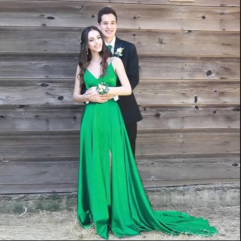 

New Arrival Court Train Green Satin Long Prom Dress Custom Made V-Neck Prom Party Gowns For Women 2020