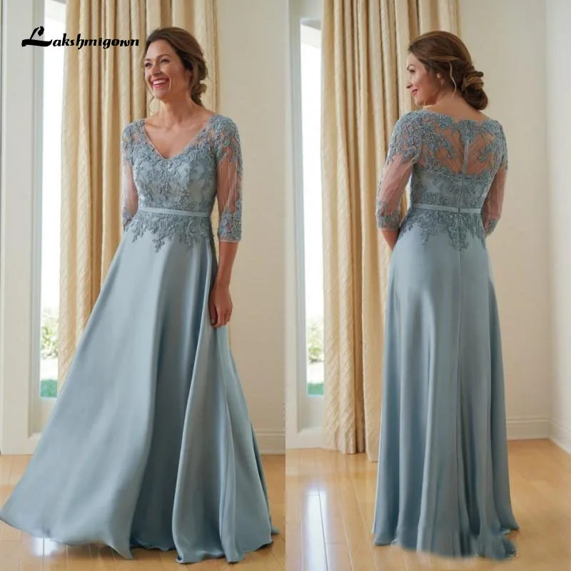 

A Line Mother of the Bride Dress Three Quarter V Neck Satin Lace Appliques Beading Floor-Length mutter der braut kleider 2022