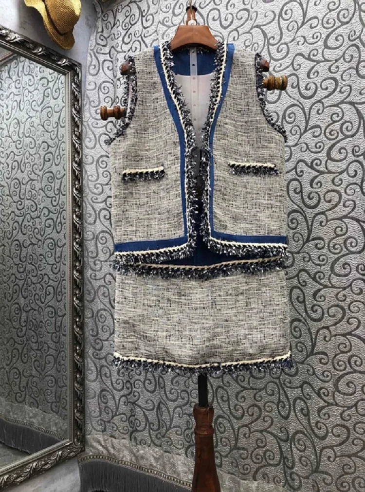 

Tassel Wool Sets 2021 Autumn Winter Fashion 2 Piece Sets High Quality Women Pocket Deco Vest Wool Jacket+Mini Wool Skirts Set