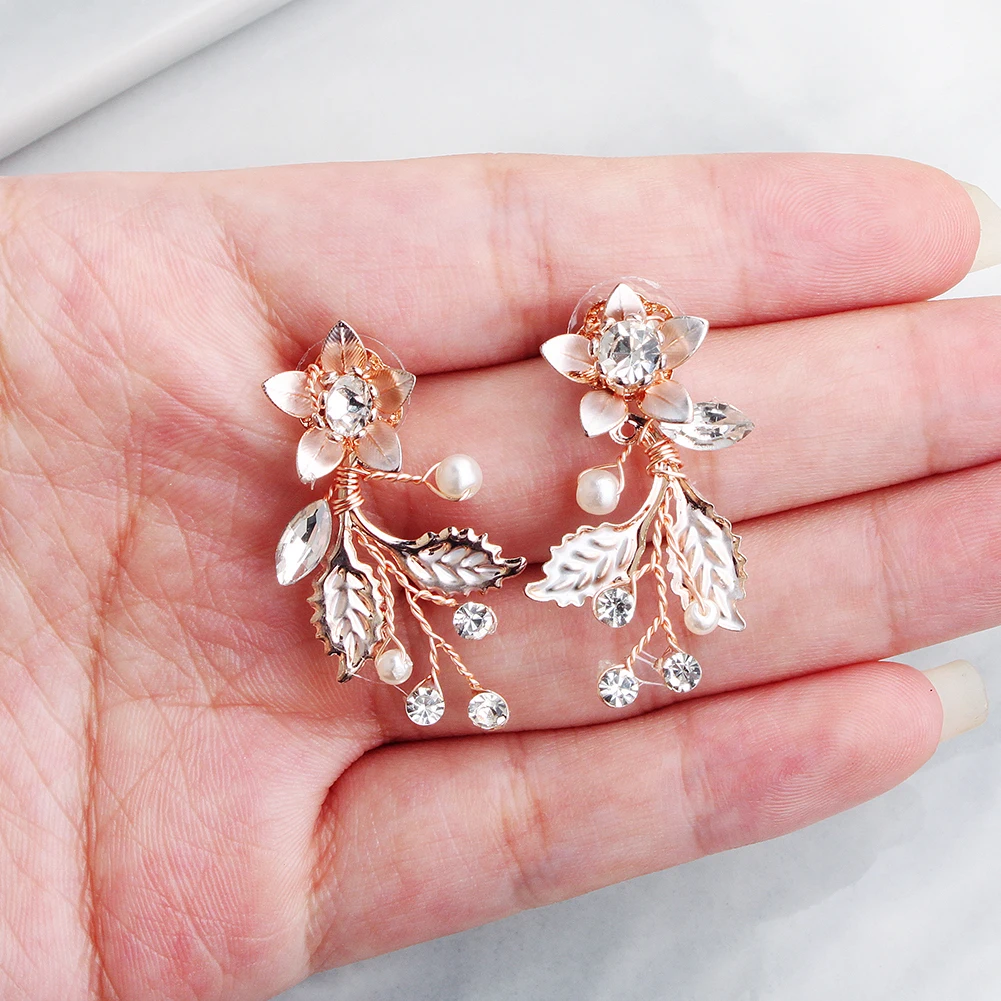 Модные серьги капли из розового золота со стразами с цветочным узором и листьями