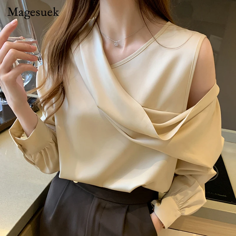 Autumn 2021 Elegant Satin shirt Solid OL Tops V-Neck Slim Women Off-Shoulder Long Sleeve Chiffon Blouse Chemisier Femme 11202