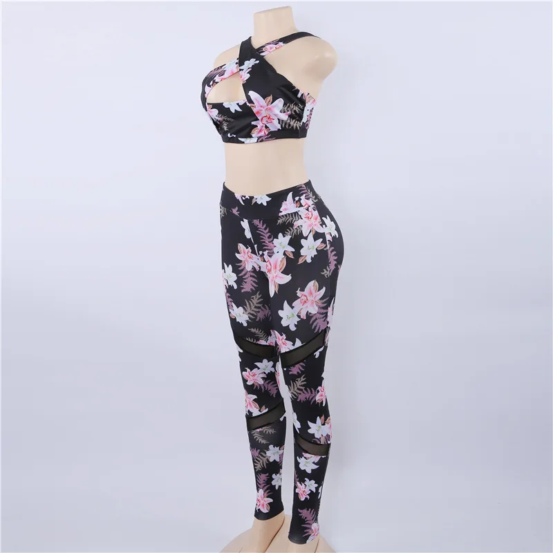 

Fitness Women Sets Backless Strapless Sleevess Vest and High Waist Mesh Patchwork Trousers Flower Print Spandex Sets Office Lady