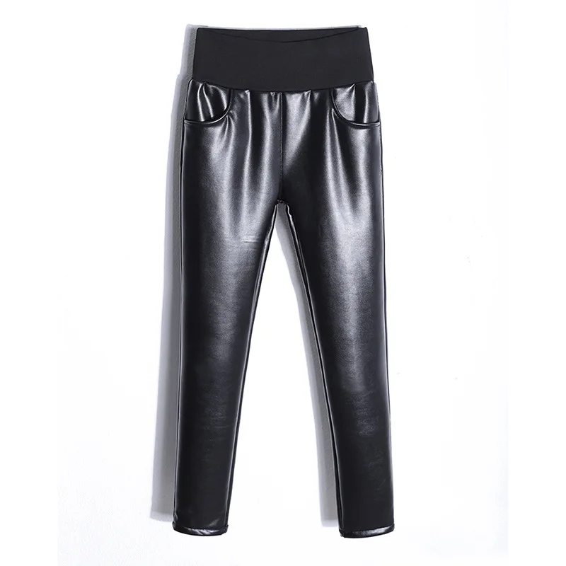 

Winter Fall Elastic Waist PU Leather Pant 100kg 7xl Large Size Fleece Thick Pants Female Slim Fit Black Stretchy Pencil Trousers