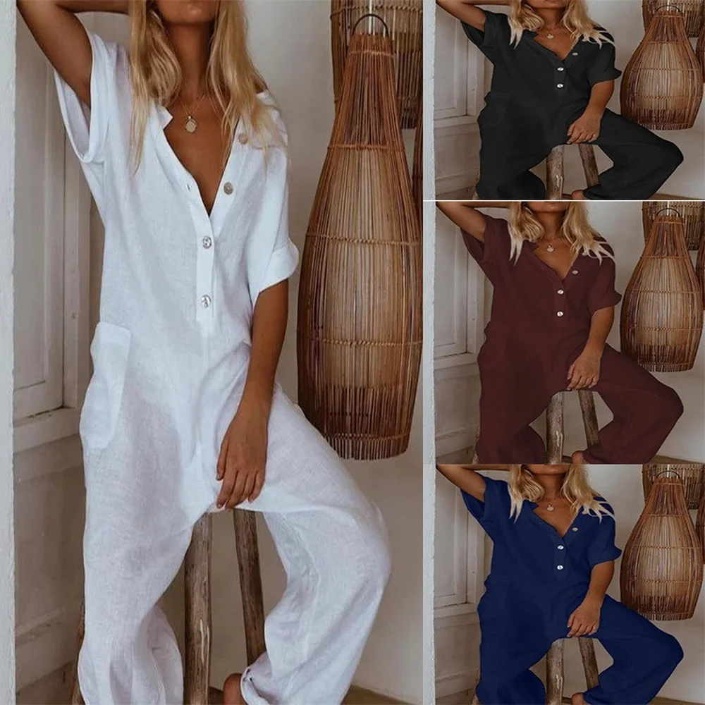 

Linen Jumpsuits for Women Short Sleeve Single-breasted Plus Size Summer Fashion Straight Loose Overalls Lugentolo