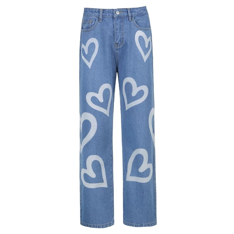 

Vintage Heart Printed Baggy Jeans Women High Waist Harajuku Aesthetic Mom Jeans Denim Streetwear 90s Trousers Cuteandpsycho