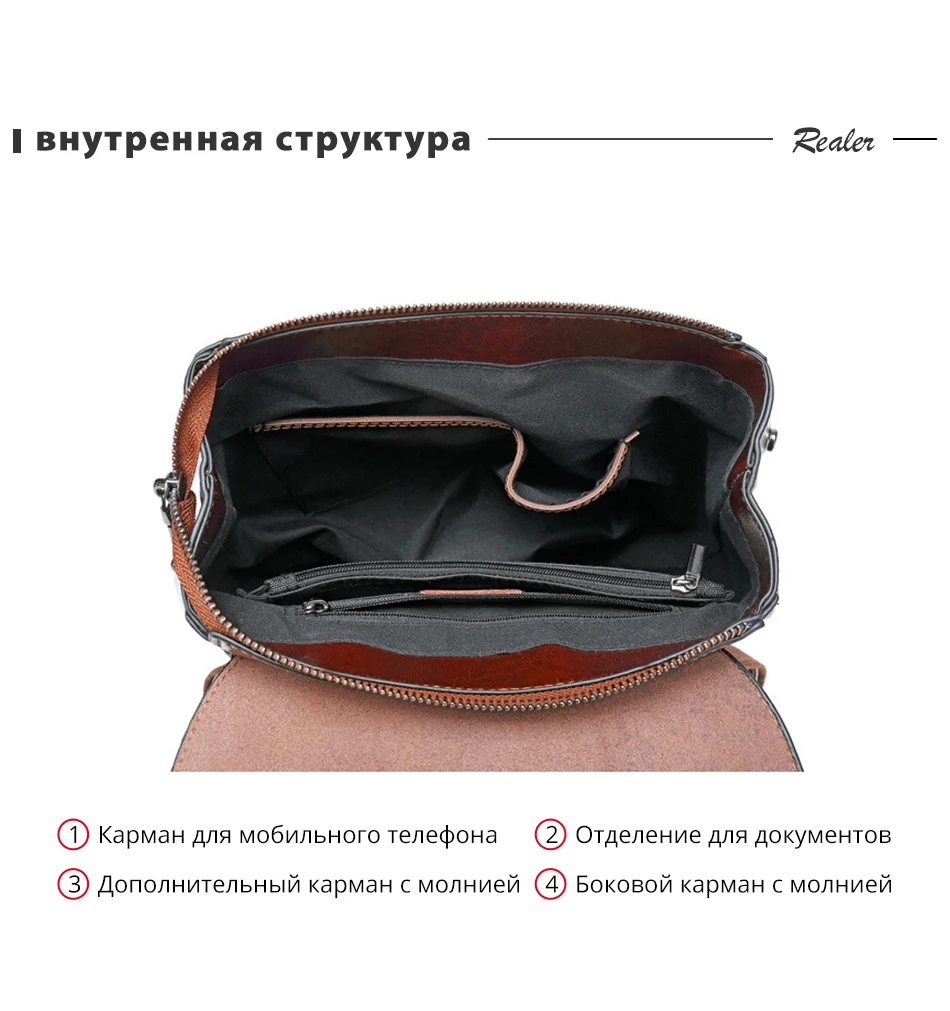 REALER брендовый женский рюкзак, модный для девочки-подростка, масляной воск, коровья кожа, рюкзаки, винтажная школьная сумка, сумка на плечо, женская