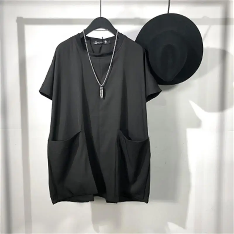 

Summer original fashion men dark bag loose short-sleeved t-shirt Japanese casual pure color matching jacket