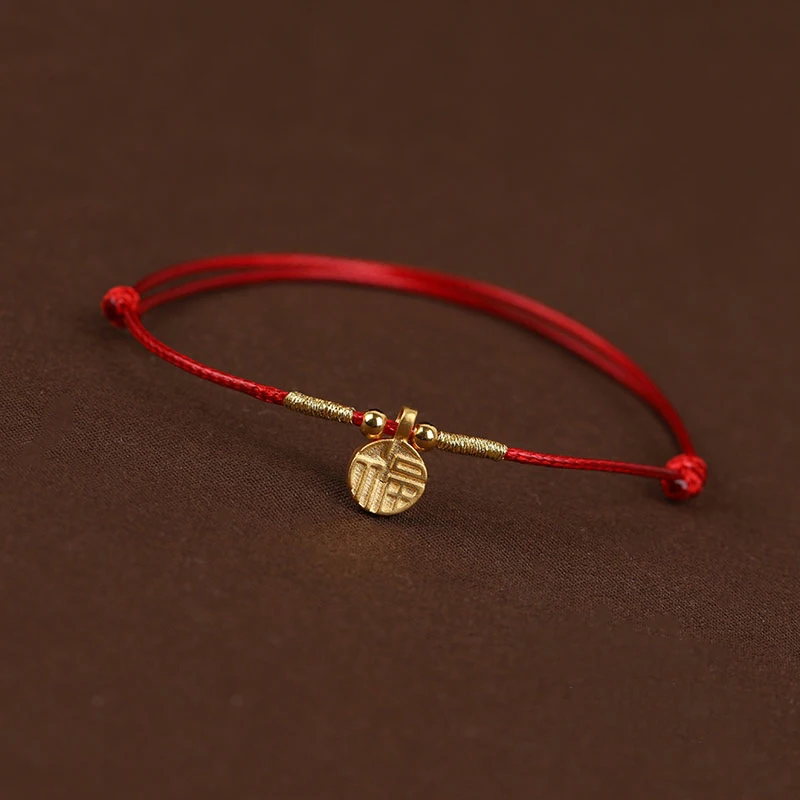 

New Real 999 24k Yellow Gold Bracelet Women 3D Little Round Fu Bead with Red Leather Bracelet