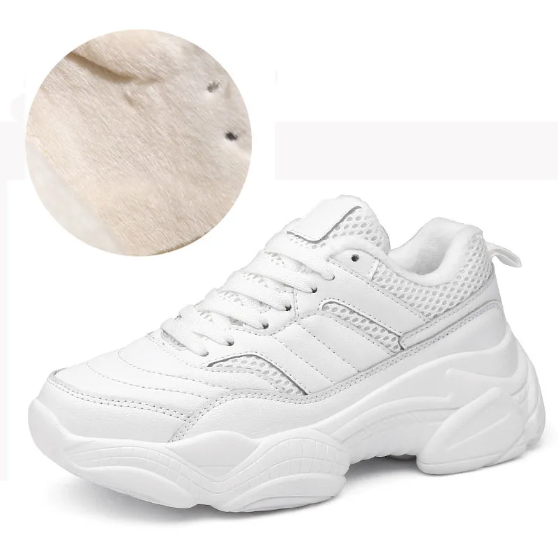 White plus velvet Tleni/ женские кроссовки; сезон осень; удобные дышащие кроссовки из искусственной кожи и сетчатого материала на плоской подошве; женские кроссовки на платформе; chaussure Femme ZK-56 - Цвет: White plus velvet