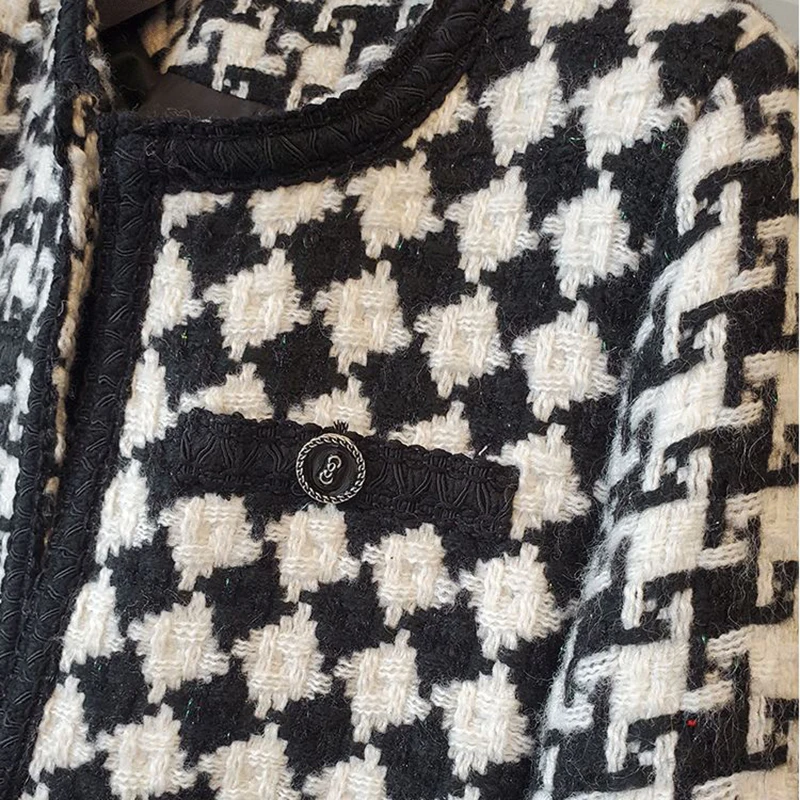 

Autumn Winter Wool Jackets Office Lady Luxury Black Houndstooth Plaid Tweed Coats Women O-Neck Long Sleeve Korean