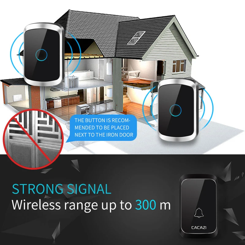 CACAZI Wireless Doorbell Waterproof 300m Range LED Gate Bell Outdoor Ringbell Smart Electronic 220V Home | Обустройство дома