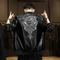 mens clothing mens jacket coat artificial leather imitation leather front and back embroidered orangutan black leather