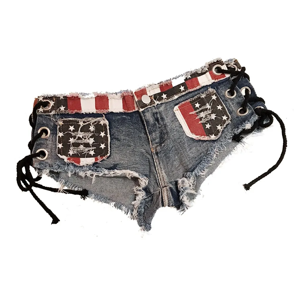 Super Women Denim Shorts Summer Mini Shorts USA Flag Print Sexy Hole Destroyed Jeans Booty Short Pants Feminino Oversized