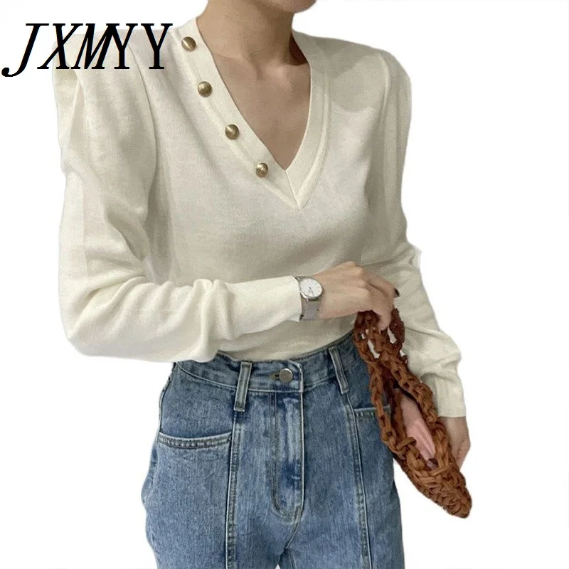 

JXMYY 2021 корейский шикарный модный женский осенне-зимний новый свободный темпераментный свитер с длинными рукавами и V-образным вырезом униве...