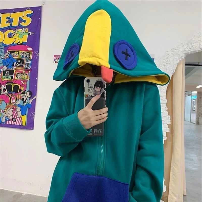 

Autumn Winter New Frog Women Hoodie Splice Zip Up Long Sleeve Women Hoodies Fash Korean Style Plus Velvet Warm Sweatshirt Women