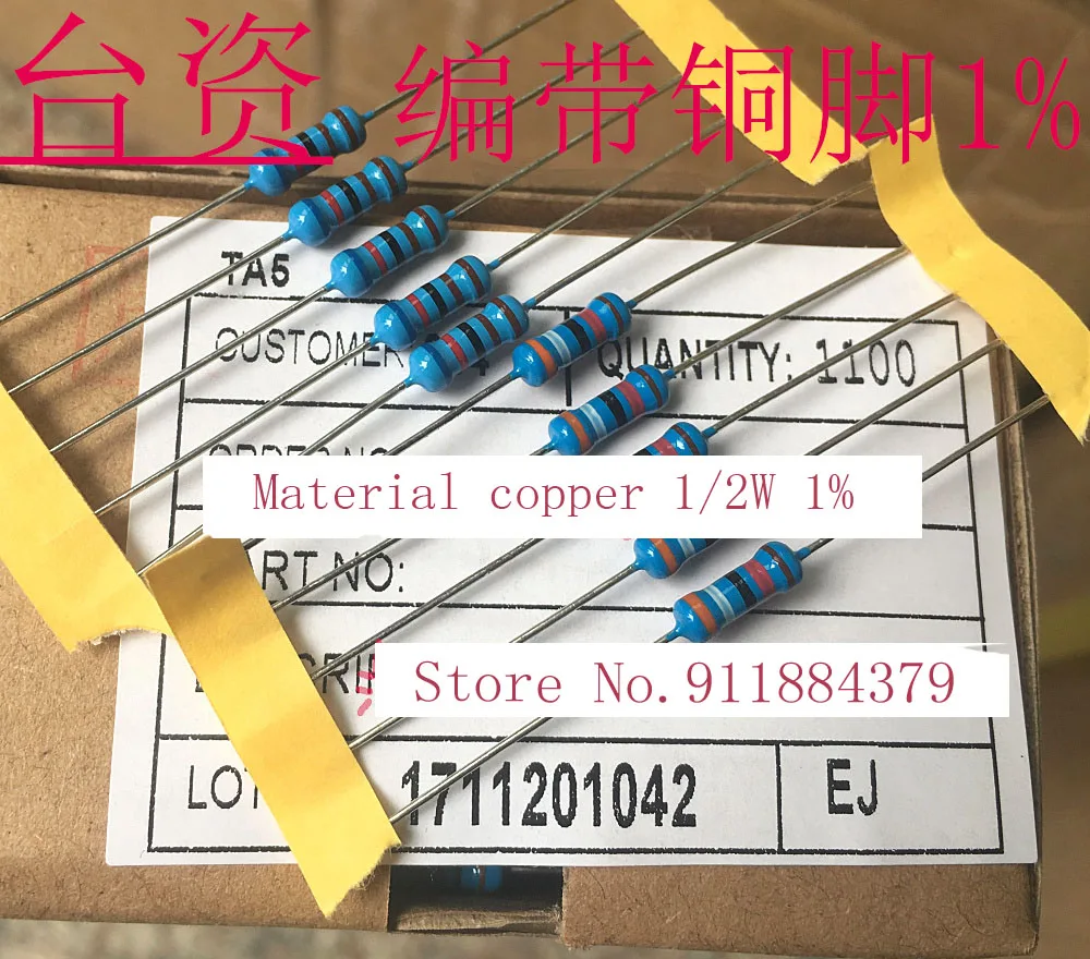 

100PCS 1/2W Metal Film Resistor 1% Five-color Ring Power Resistor 0.1~1M 2 10R 47 100 220 360 1K 2.2K 10K 22K 4.7K 100K Oh