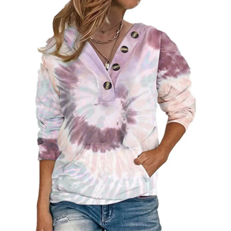 

2021 fall winter hot sale casual tie-dye printing loose button long sleeve pullover women's hoodie