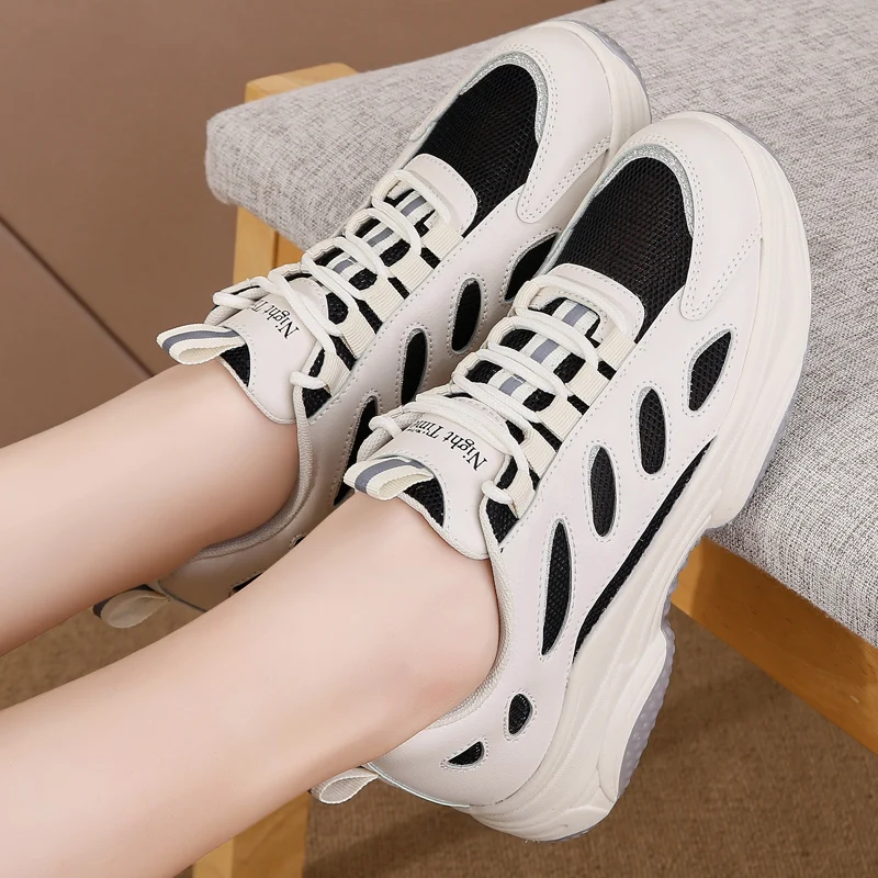 

Womens Trainers Shoes Sneakers Mesh Platform Woman-shoes Running Heels Breathable Thick Sole 2021 Fashion Casual Roses Fabric Le