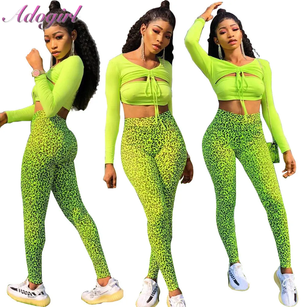 

Fitness Sportwear Two Piece Set Causal Neon Long Sleeve Crop Top Leopard Print Leggings Sweatpants Suit Women Outfit Tracksuit