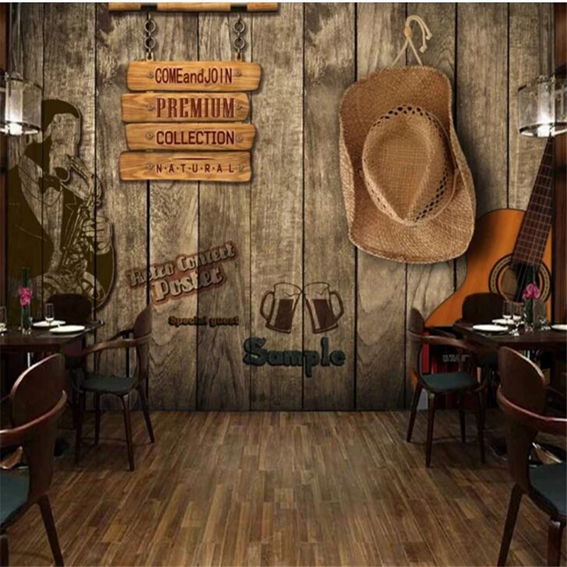 Custom wallpaper 3d bar KTV retro wooden board personality TV background wall painting living room bedroom restaurant decoration |