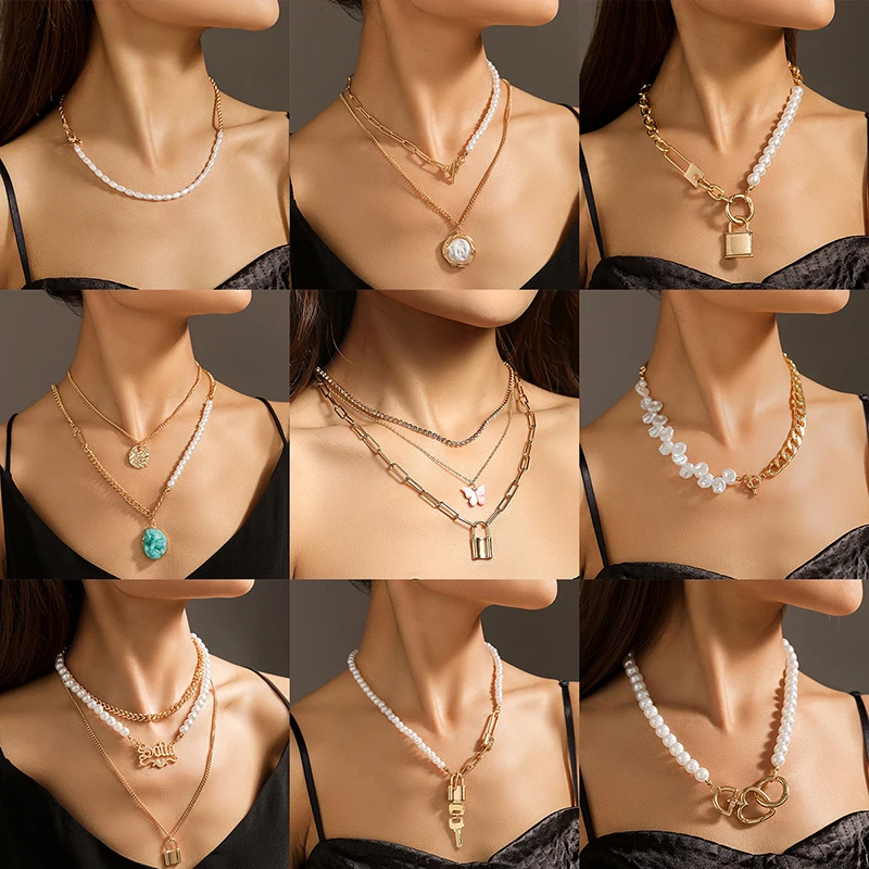 

Fashion simple lattice female chain necklace cold style Jewelry on the neck multi-element pearl pendant necklaces for women