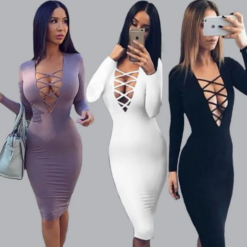 

Zoulv Cotton Women Tie Up Autumn Party Dress Sexy Deep V Neck Criss Long Sleeve Night Club Bandage Dress Plus Size Vestidos