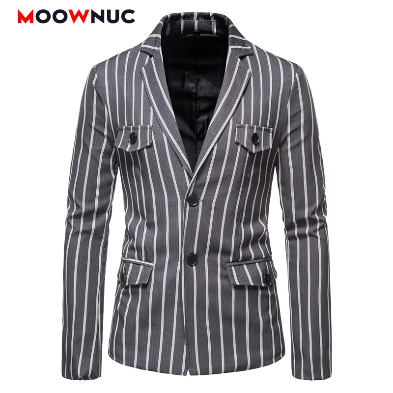Мужской повседневный блейзер в полоску серые модные костюмы мужские пальто