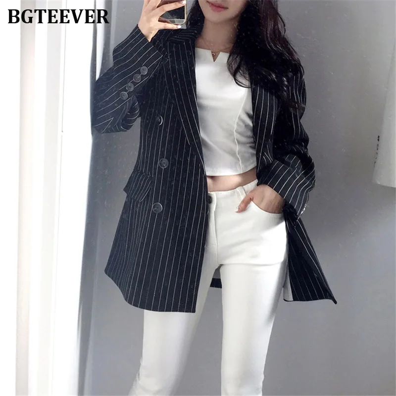 Офисные женские полосатые блейзеры женский двубортный костюм куртка