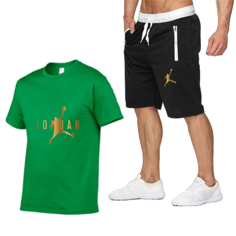 

2021 Summer Men T-shirt Set 2-piece Men's Sportswear Pants Suit Basketball Sports Fitness Jordan-23 Printed Short + Men's Suit