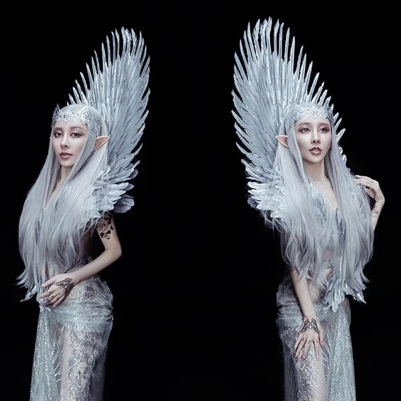 

Luxury princess cosplay angel feather wings white gold feather shoulder wing props