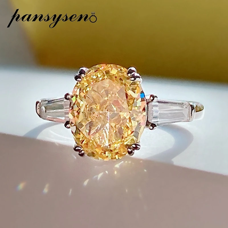 

PANSYSEN 100% 925 Sterling Silver Oval Cut Created Moissanite Citrine Gemstone Wedding Engagement Adjustable Ring Fine Jewelry