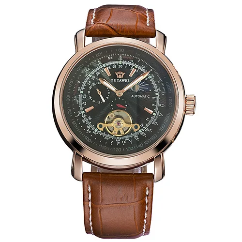 Rose black OUYAWEI, новинка, механические наручные часы, розовое золото, чехол Tourbillon, Moonphase, автоматическая обмотка, мужские часы, деловые часы, Montre Homme - Цвет: Rose black