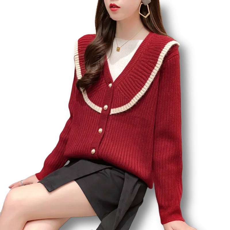 

Autumn New Winter Knitted Women Sweater Cardigan Solid Long-Sleeved Ruffles Turn-Down Collar Female Outwear Coats Tops