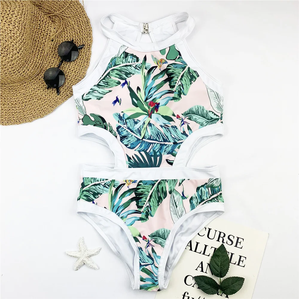 Женский купальный костюм на молнии с принтом листьев Монокини пуш-ап высокой