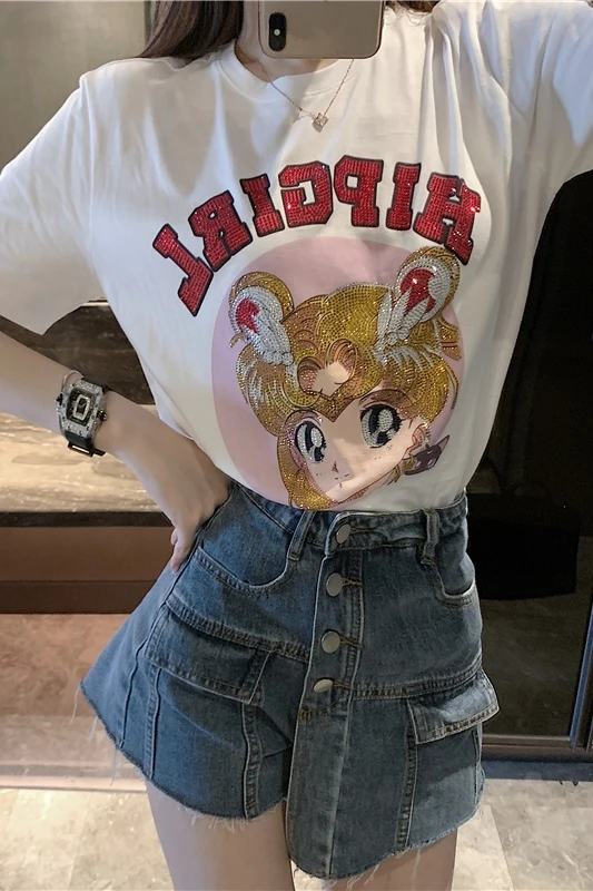 

The new women's summer 2021 high quality hot drilling sailor moon white ins fashion t-shirts with short sleeves