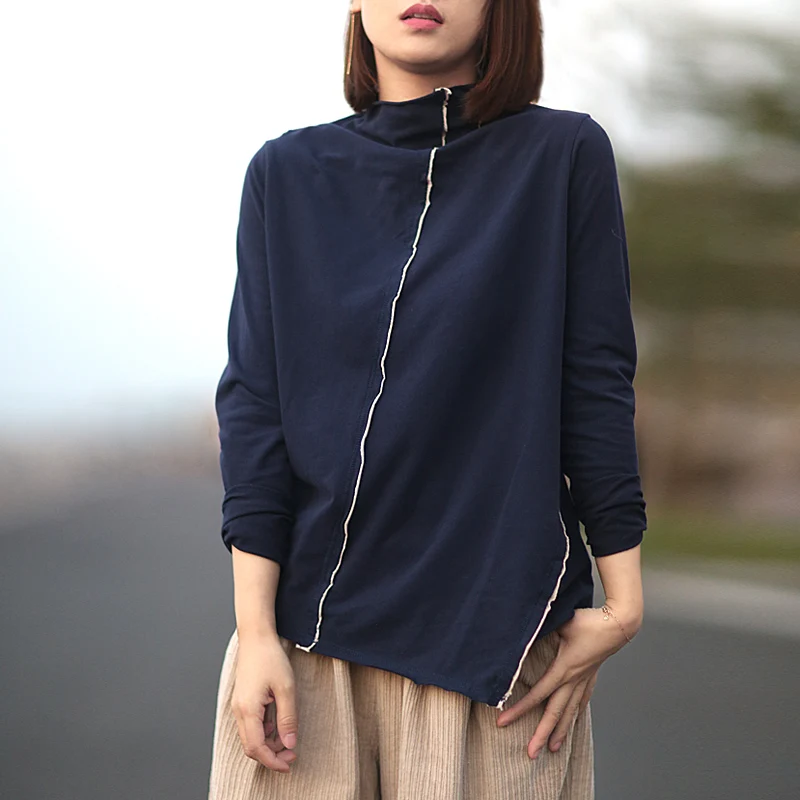 Женские хлопковые футболки с воротником хомутом из кусков осень 2019 новинка