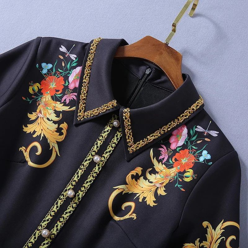 

European and American women's dress 2020 summer new styles Flower print nail bead short sleeve Fashionable fishtail dress