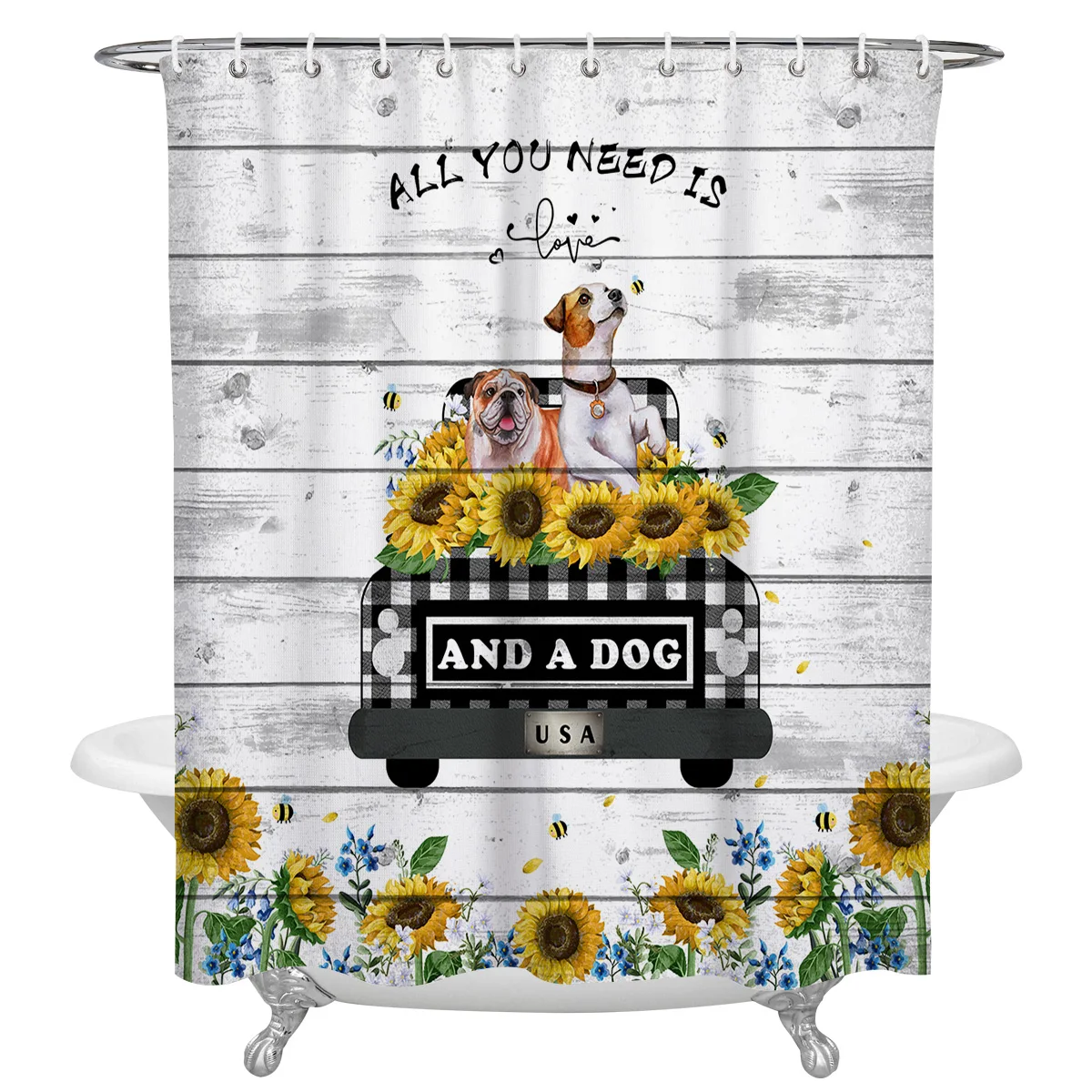 Идиллическая деревянная душевая занавеска с изображением собаки подсолнуха