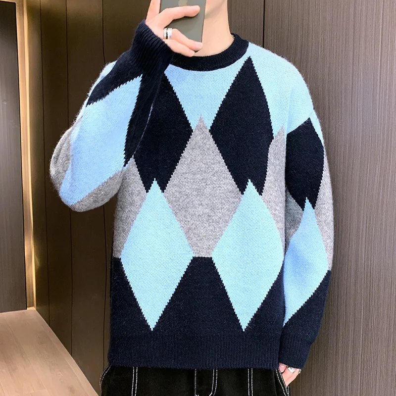 

Мужской осенне-зимний свободный свитер с ромбовидным узором и круглым вырезом