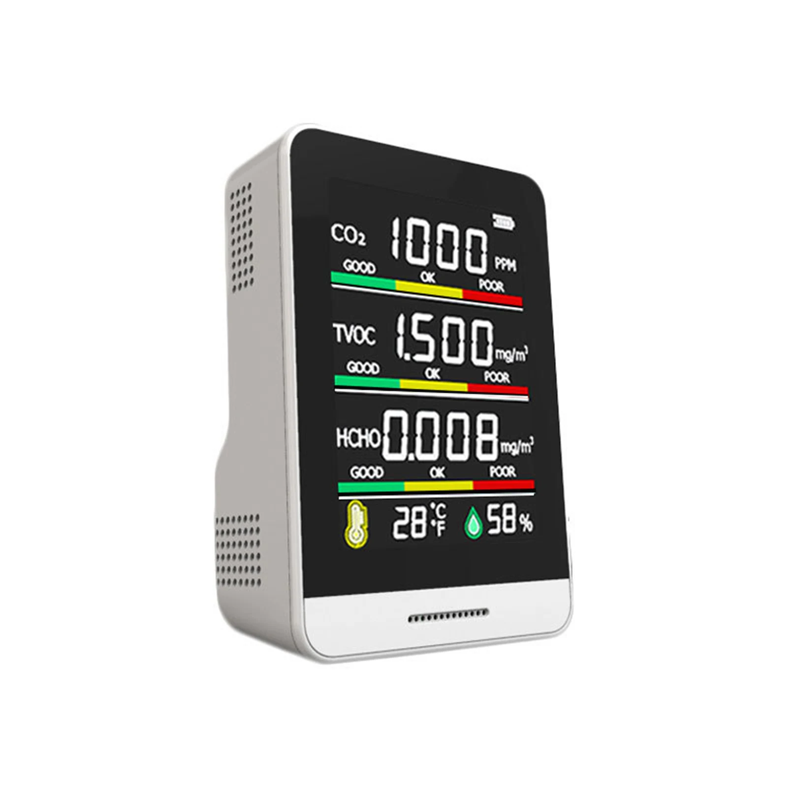

USB Перезаряжаемый тестер качества воздуха, мониторинг CO2 / TVOC /HCHO/температуры/влажности, Интеллектуальный будильник, термометр, гигрометр