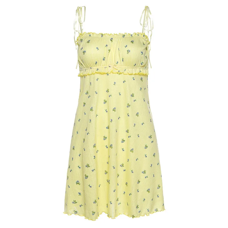 2020 Summer Flower Print Loose Soft Sling Dress Women Casual Home Wear Fashion Dress Lady Elegant Yellow White Clothing