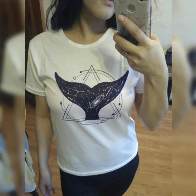 Vintage Vogue Whale Tail Printed Gothic Tshirt Cosmic Belief Harajuku Summer Tops T Shirt Women Vintage Streetwear Vegan T-shirt